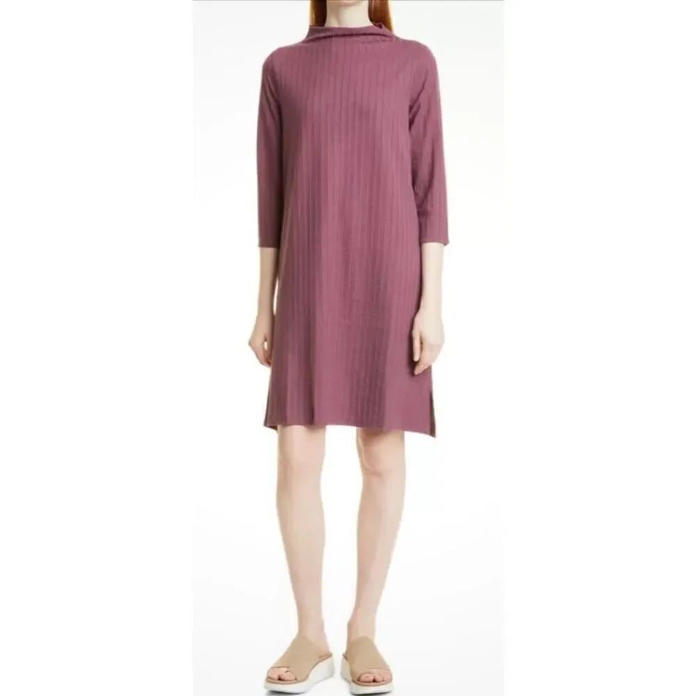 EILEEN FISHER Funnel Neck Three-Quarter Sleeve Ribbed T Dress in Fig NWT Size X